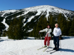 Jen skiing with Frank (in his 80s) at Mt. Baldy.