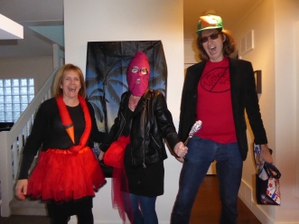 Karen, Jen and Jeff in cinema-related costume at one of Tina's Oscar night parties. What exactly is Jen here? A member of the Russian punk band Pussy Riot.